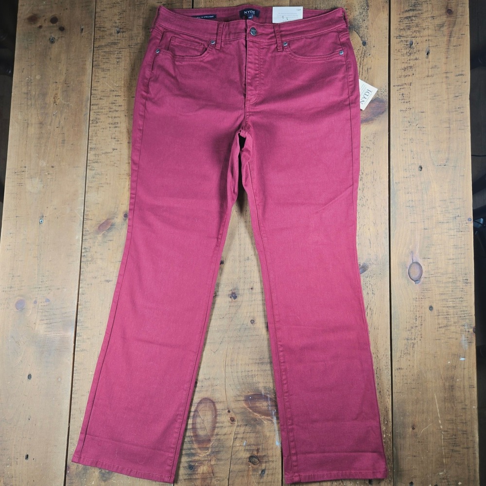 NYDJ Marilyn Straight Leg Jeans Burgundy Wine 12P Petite Lift Tuck NWT